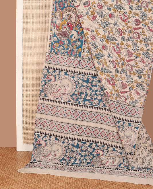 Sandal floral vine machine-printed kalamkari cotton saree, floral- peacock printed border & pallu of peacock-geometric print