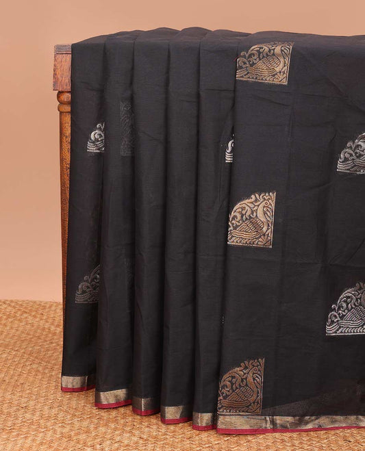 Black zari buttas Coimbatore cotton saree, zari piping border, and pallu of Mughal style peacock designs