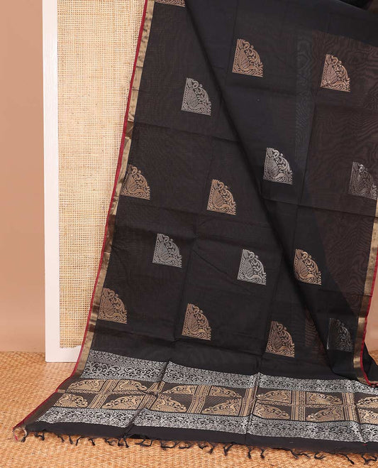 Black zari buttas Coimbatore cotton saree, zari piping border, and pallu of Mughal style peacock designs