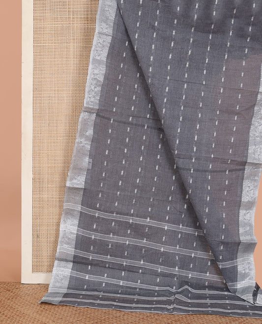 Grey Bengal Cotton Saree, Finely Woven with Buttas All Over Its Body, Complemented by Contrast Traditional Design Border, and Pallu Steeped with Stripes