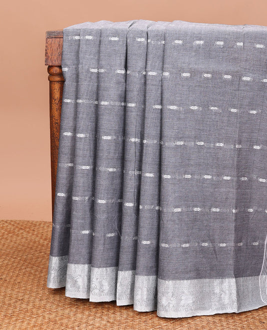 Grey Bengal Cotton Saree, Finely Woven with Buttas All Over Its Body, Complemented by Contrast Traditional Design Border, and Pallu Steeped with Stripes