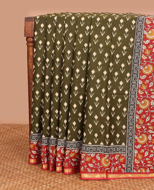Green floral motifs printed mul mul cotton saree, contrast floral vine printed border, and pallu of floral print