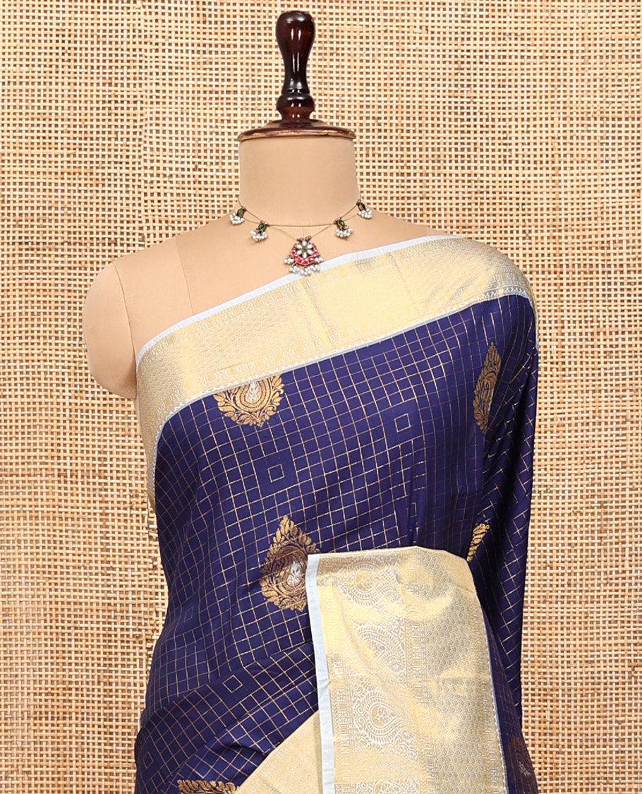 Blue Budget Silk Saree, Mesmerized with Zari Butta and Checks, Contrast Paisley Zari Border, Grand Pallu, and a Contrast Blouse