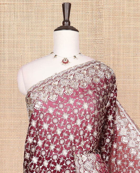 Wine intricately golden thread embroidered designer saree, scallop golden thread embroidered border
