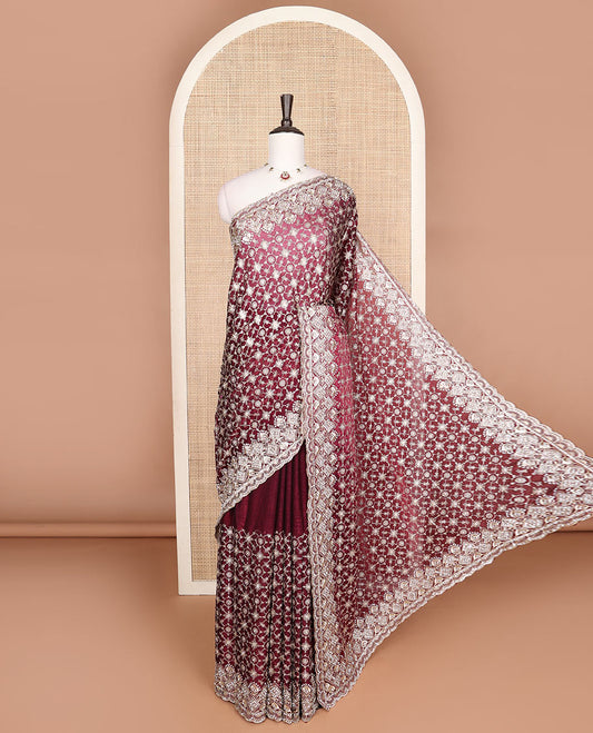Wine intricately golden thread embroidered designer saree, scallop golden thread embroidered border