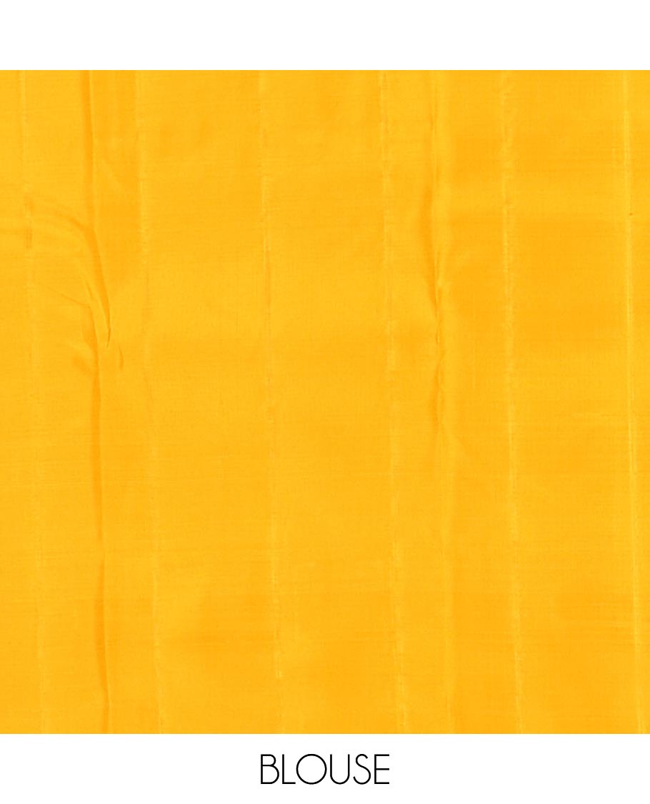 Orange zari buttas Kanchipuram silk saree, contrast floral design border, and pallu of manga designs
