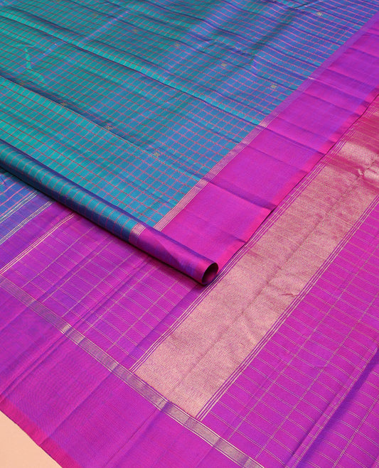 Blue checked and zari buttas Kanchipuram silk saree, contrast kal erangina border, and zari design pallu