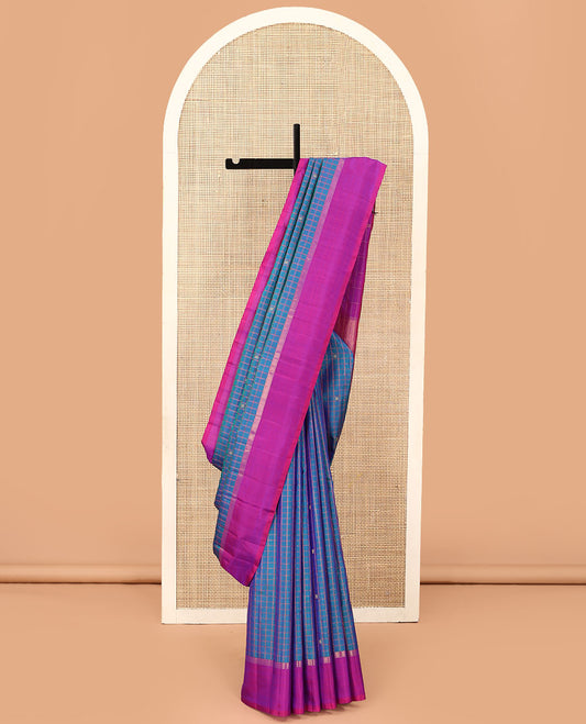 Blue checked and zari buttas Kanchipuram silk saree, contrast kal erangina border, and zari design pallu
