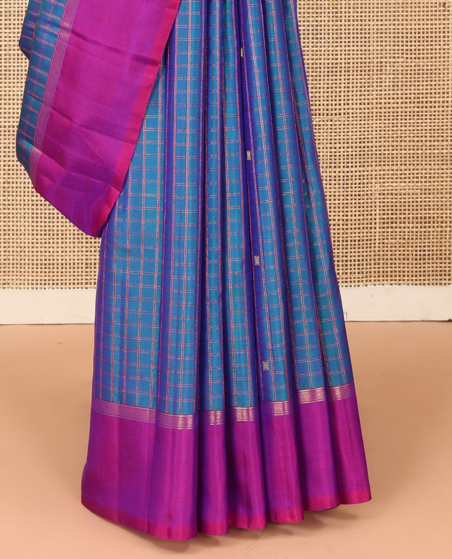 Blue checked and zari buttas Kanchipuram silk saree, contrast kal erangina border, and zari design pallu