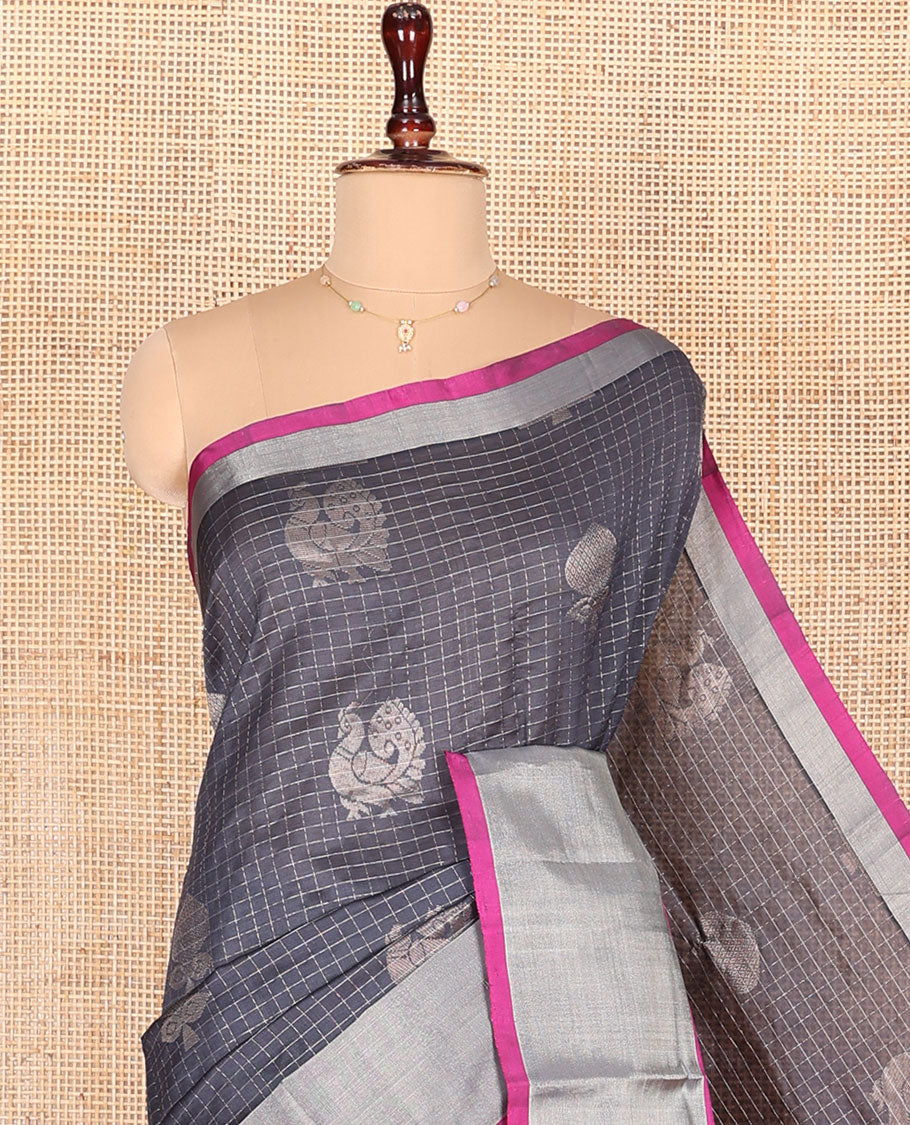 Grey Kuppadam Cotton Saree, Prettified with Butta Enclosed Checks All Over Its Body, Complemented by Bavanji Border, Contrast Pallu of Ogee Patterns, and Paired with a Contrast Blouse