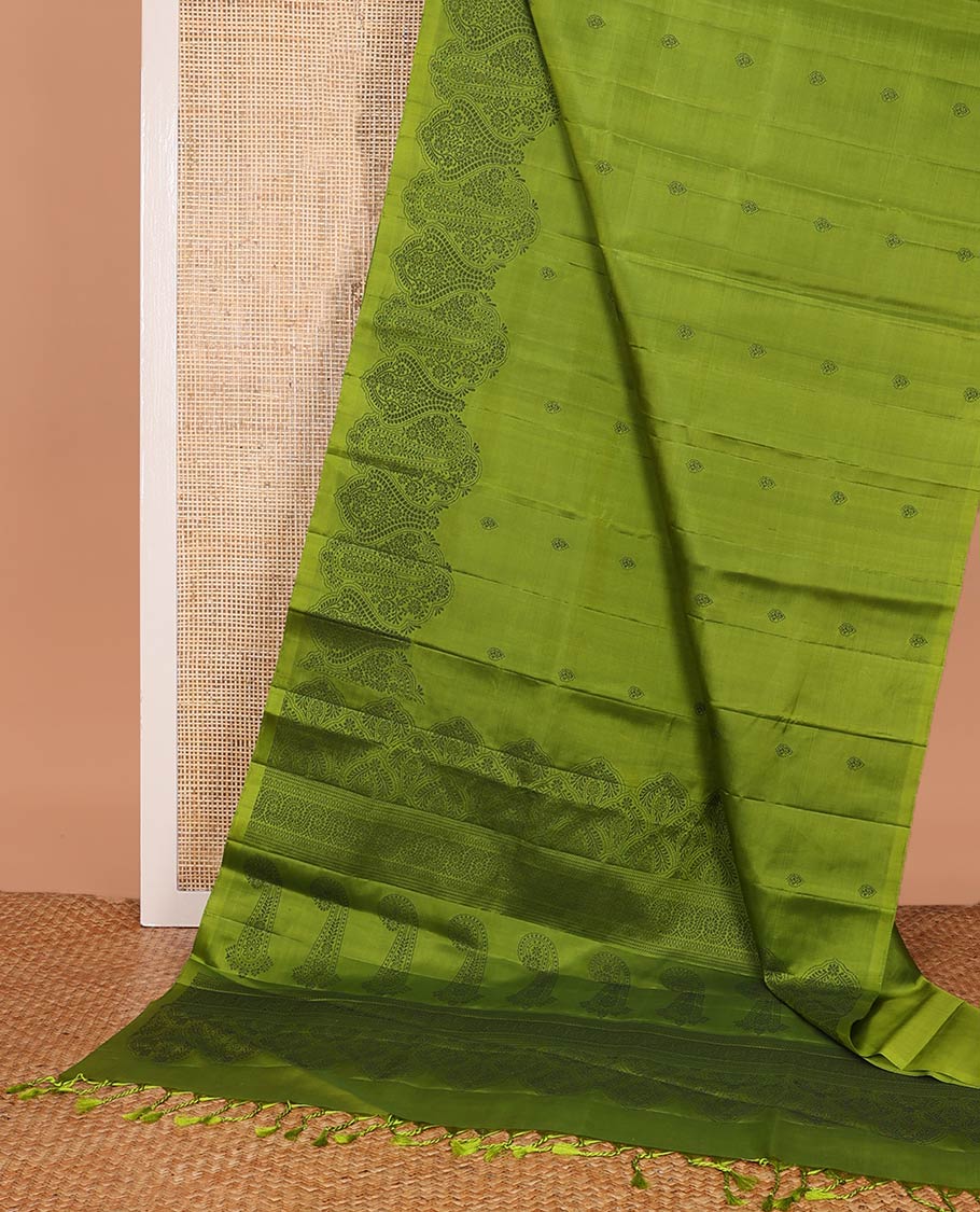 Green buttas soft silk saree, self-border, and pallu of intricate designs