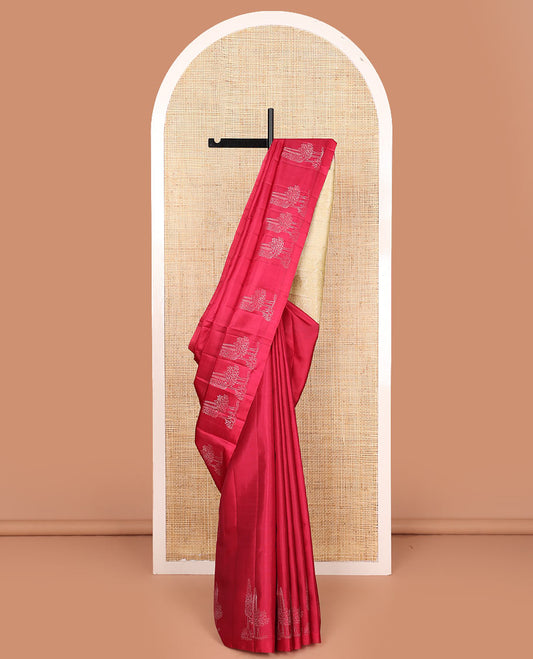 Borderless red tree buttas soft silk saree, contrast intricately designed pallu
