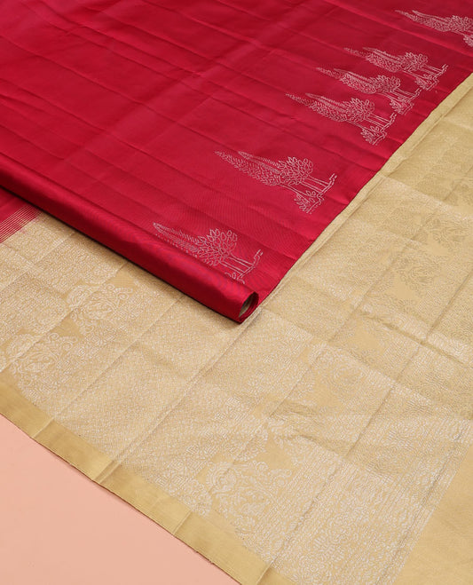 Borderless red tree buttas soft silk saree, contrast intricately designed pallu