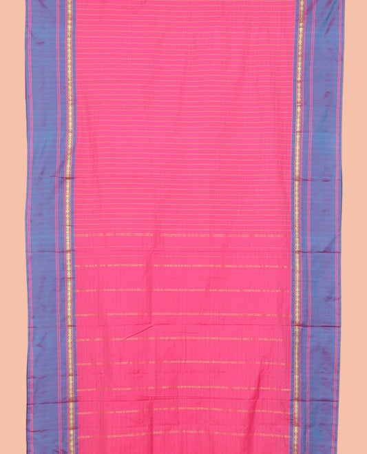Pink Nine-Yard Saree, Elevated with Checks, a Contrast Rudraksham Border, Pallu of Stripes, and No Blouse