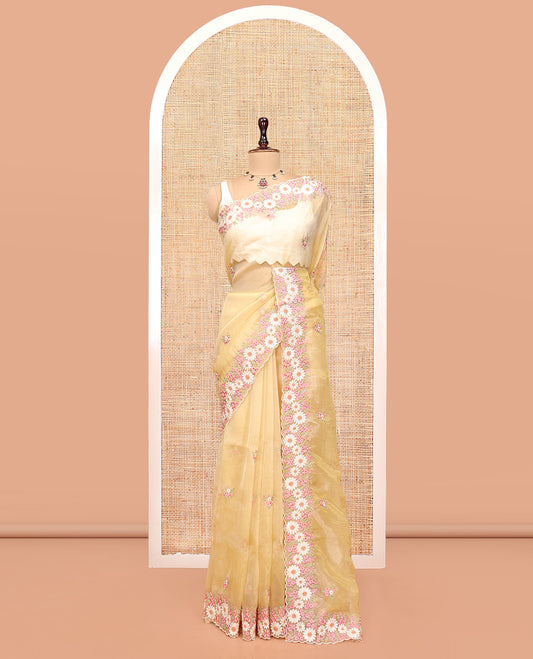 Yellow Organza Saree, Boldly Accentuated with Flower-Color Thread Embroidery, a Scallop Border, and a Matching Blouse