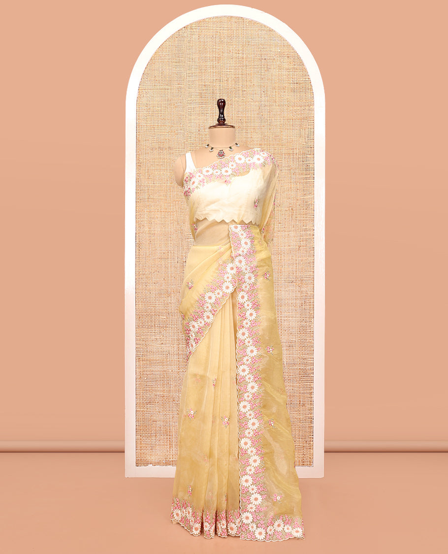 Yellow Organza Saree, Boldly Accentuated with Flower-Color Thread Embroidery, a Scallop Border, and a Matching Blouse