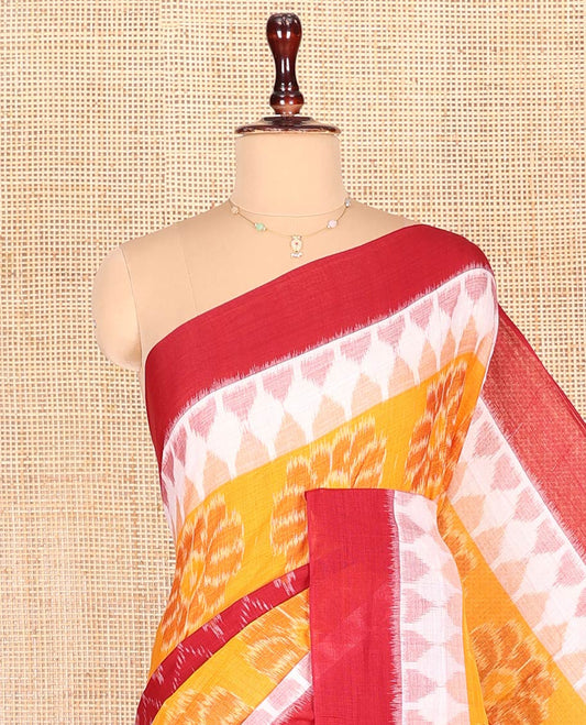 Red Odisha Cotton Saree Featuring Jaal Patterns All Over the Body, Complemented by a Contrast Temple Border of Floral Designs, Pallu Features Diamond Patterns in a Hazily Woven, and Has No Blouse