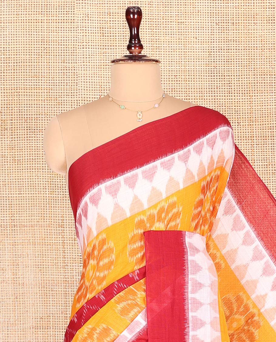 Red Odisha Cotton Saree Featuring Jaal Patterns All Over the Body, Complemented by a Contrast Temple Border of Floral Designs, Pallu Features Diamond Patterns in a Hazily Woven, and Has No Blouse