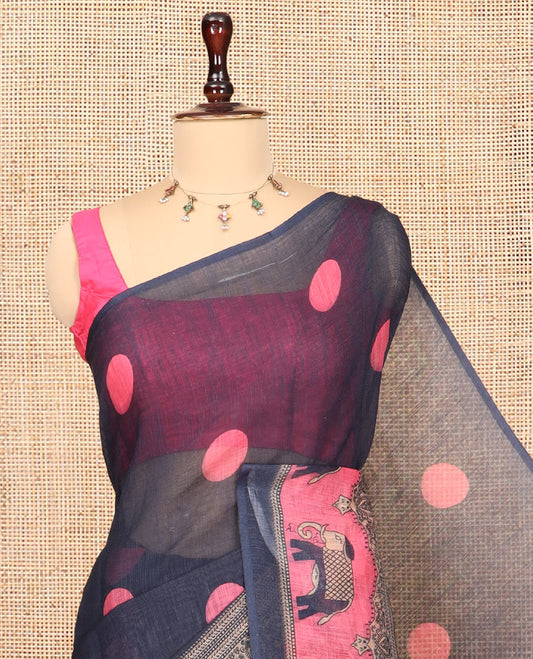 Black Linen Cotton Saree Features Polka Dots, a Contrast One-sided Elephant Motif Border, Elephant Motif Pallu, Contrast Blouse
