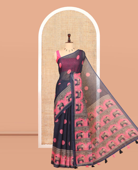 Black Linen Cotton Saree Features Polka Dots, a Contrast One-sided Elephant Motif Border, Elephant Motif Pallu, Contrast Blouse