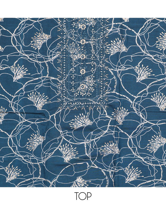 Blue chudidhar material set, vine printed & embroidered rayon top,plain bottom & thread embroidered chanderi silk dupatta