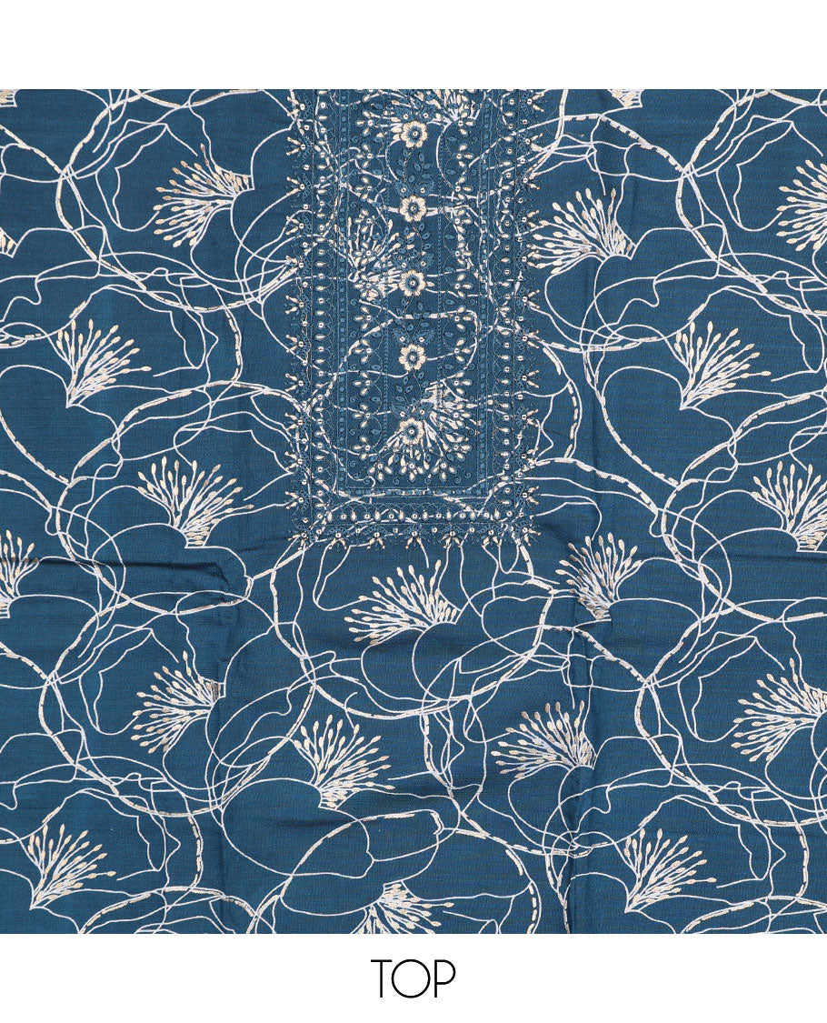 Blue chudidhar material set, vine printed & embroidered rayon top,plain bottom & thread embroidered chanderi silk dupatta