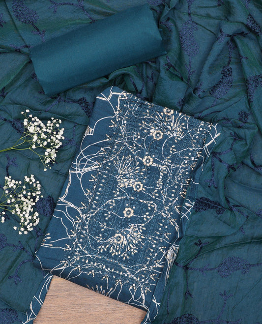 Blue chudidhar material set, vine printed & embroidered rayon top,plain bottom & thread embroidered chanderi silk dupatta