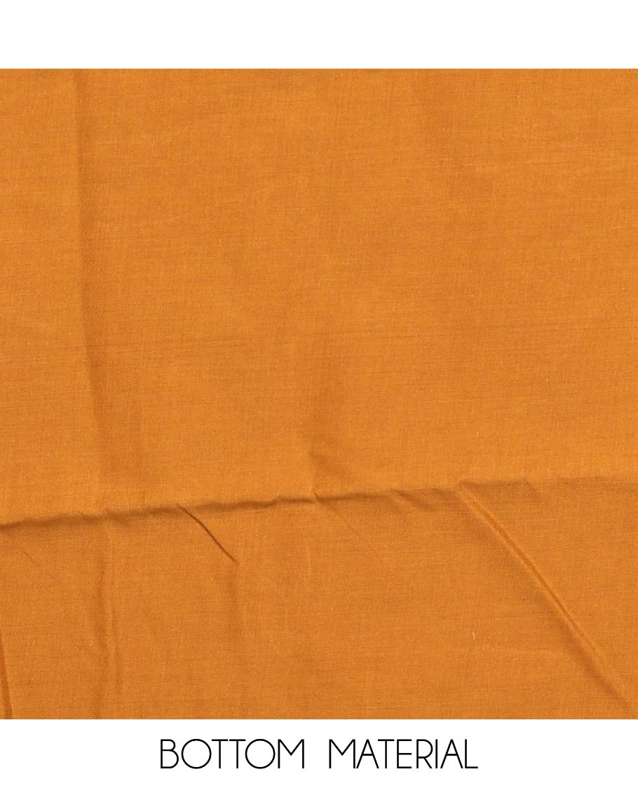 Orange material churidar set, floral-bird print, cut work and neck embroidered cotton top, plain cotton bottom, and sequins striped chanderi dupatta