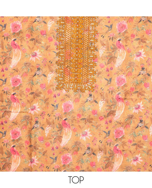 Orange material churidar set, floral-bird print, cut work and neck embroidered cotton top, plain cotton bottom, and sequins striped chanderi dupatta