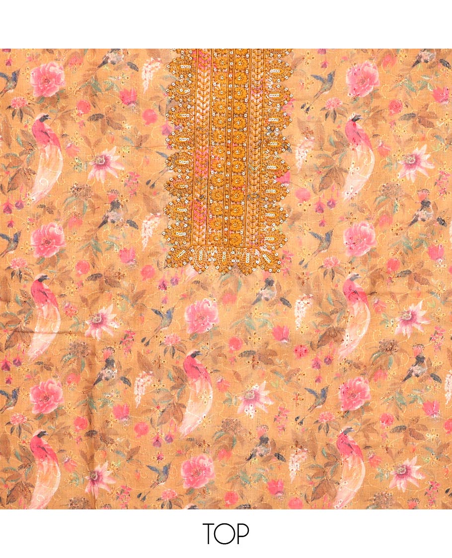 Orange material churidar set, floral-bird print, cut work and neck embroidered cotton top, plain cotton bottom, and sequins striped chanderi dupatta