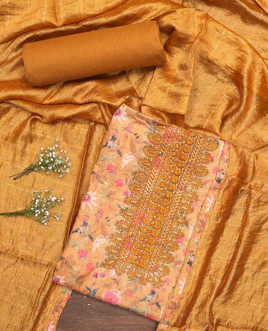 Orange material churidar set, floral-bird print, cut work and neck embroidered cotton top, plain cotton bottom, and sequins striped chanderi dupatta