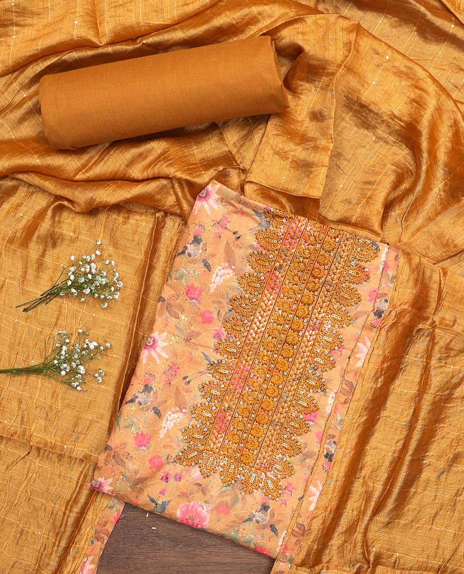 Orange material churidar set, floral-bird print, cut work and neck embroidered cotton top, plain cotton bottom, and sequins striped chanderi dupatta