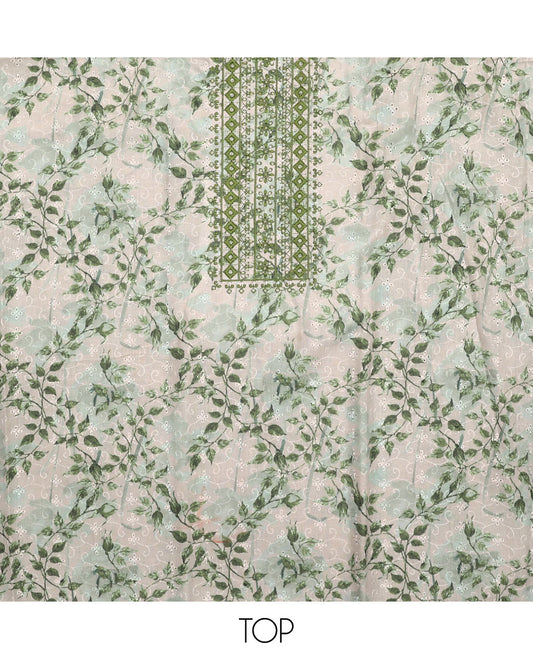 White and green material chudidar set, floral print, cut work and embroidered top, contrast plain bottom, and sequins striped dupatta