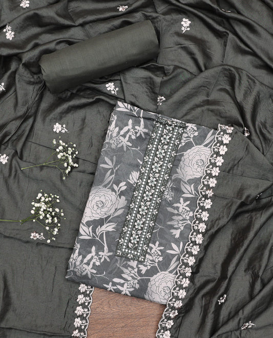 Grey Material Chudidar Set, Prettified with Floral Print and Embroidery on Cotton Top, a Plain Bottom, and Paired with a Floral Embroidered Scallop Dupatta