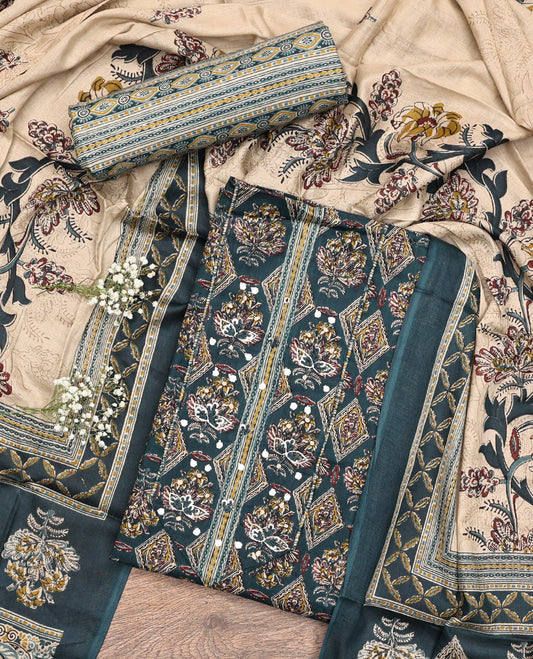 Blue Cotton Material Chudidar Set, Elevated with Intricate Motifs Print, and Embroidery on Its Cotton Top, a Geometric Printed Cotton Bottom, and Paired with Printed Cotton Dupatta