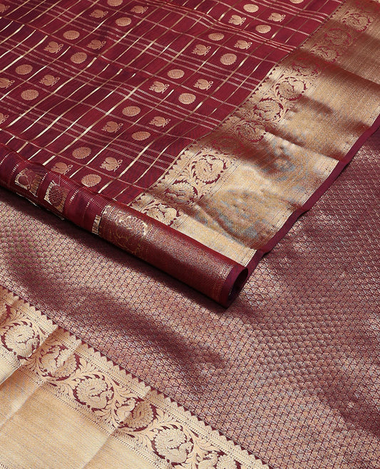 Maroon checked,buttas vasundhara elite silk saree with self intricate zari design border & jaal design pallu