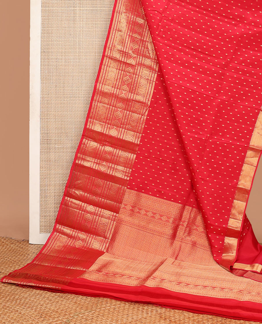 Red zari buttas Vasundhara silk mix saree, traditional zari border & pallu of rudraksham motifs