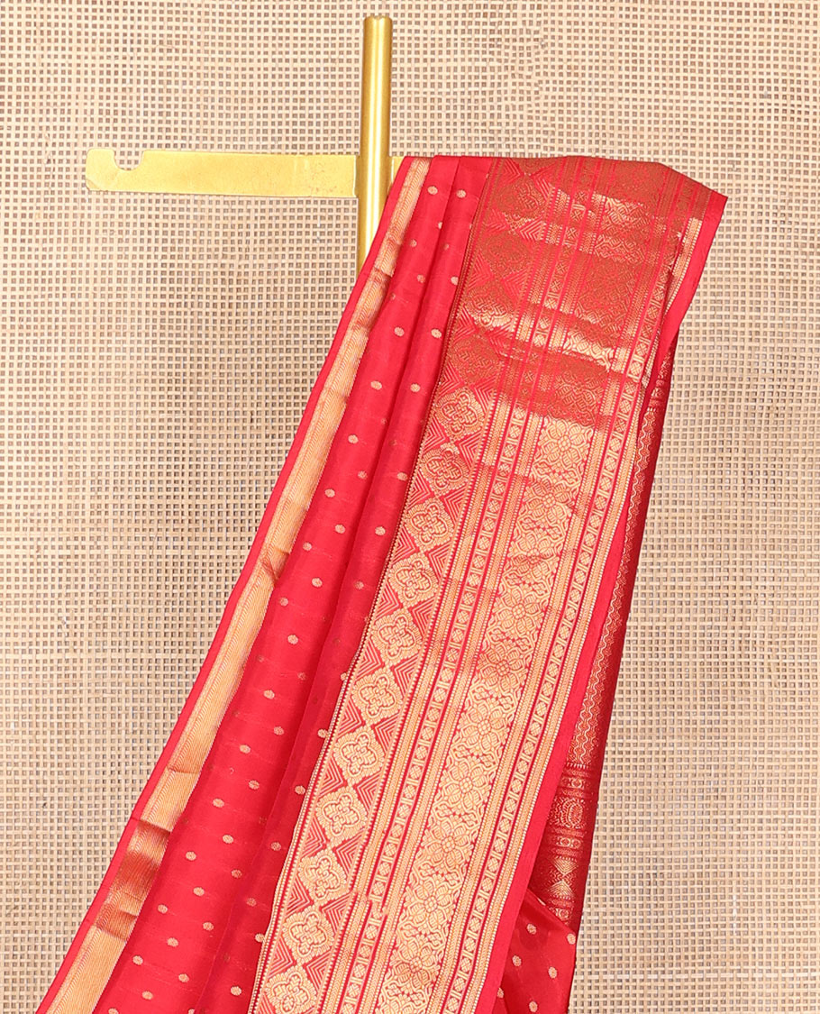 Red zari buttas Vasundhara silk mix saree, traditional zari border & pallu of rudraksham motifs