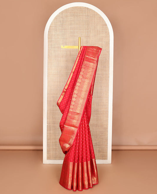 Red zari buttas Vasundhara silk mix saree, traditional zari border & pallu of rudraksham motifs