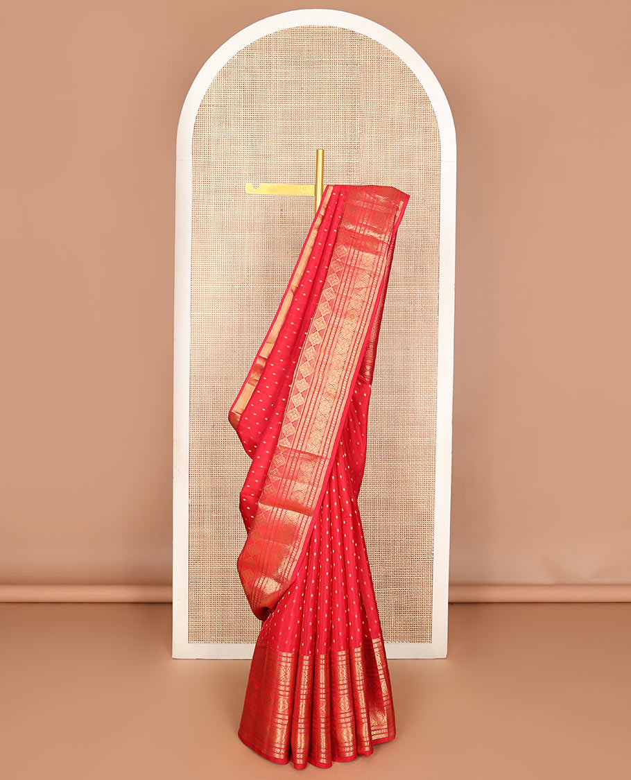 Red zari buttas Vasundhara silk mix saree, traditional zari border & pallu of rudraksham motifs