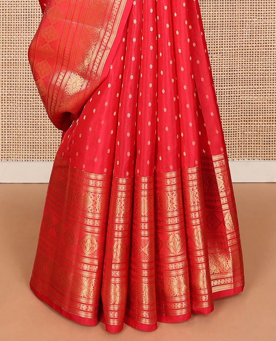 Red zari buttas Vasundhara silk mix saree, traditional zari border & pallu of rudraksham motifs
