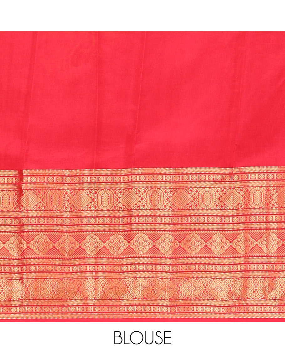 Red zari buttas Vasundhara silk mix saree, traditional zari border & pallu of rudraksham motifs