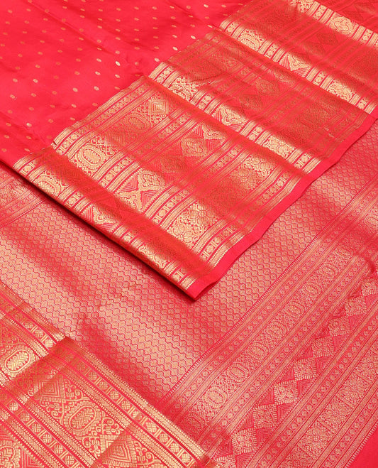 Red zari buttas Vasundhara silk mix saree, traditional zari border & pallu of rudraksham motifs