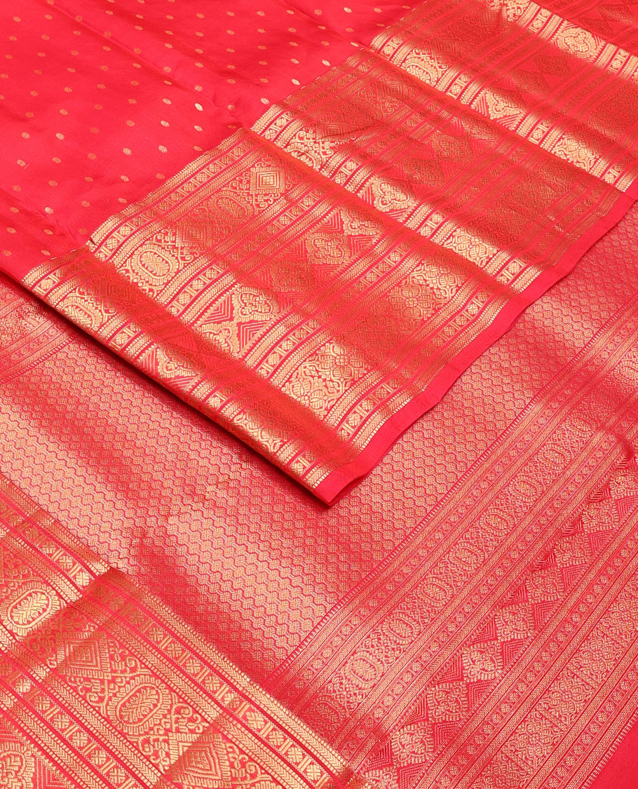 Red zari buttas Vasundhara silk mix saree, traditional zari border & pallu of rudraksham motifs