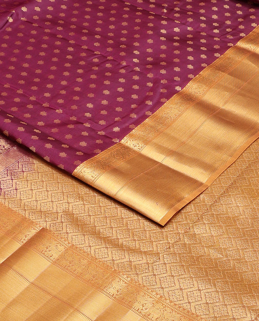 Purple zari buttas vasundhara silk mix saree, contrast border of thilakam mokku,muthu,mayil & yaanai design & intricate jaal pallu