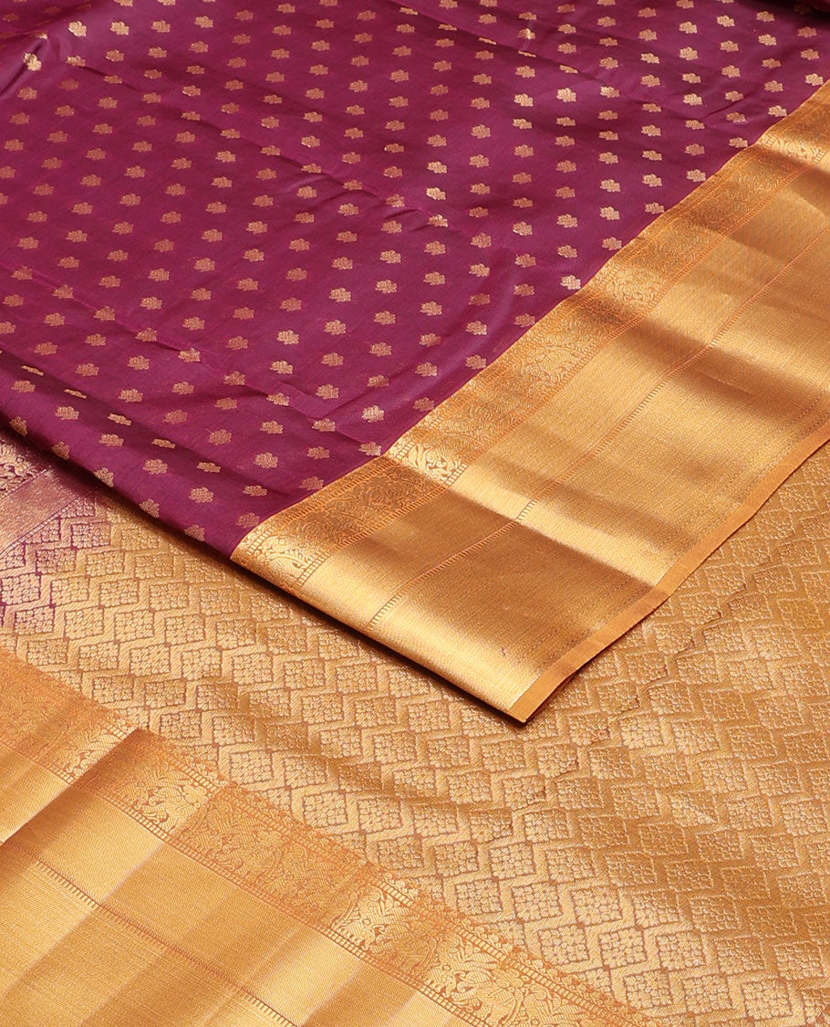 Purple zari buttas vasundhara silk mix saree, contrast border of thilakam mokku,muthu,mayil & yaanai design & intricate jaal pallu