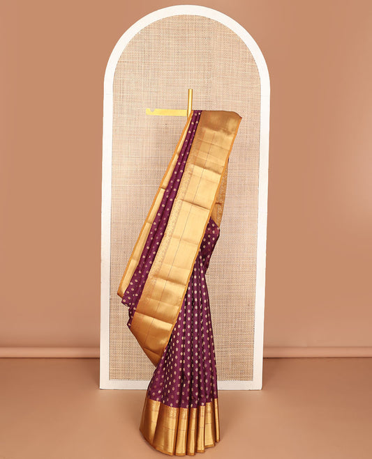Purple zari buttas vasundhara silk mix saree, contrast border of thilakam mokku,muthu,mayil & yaanai design & intricate jaal pallu