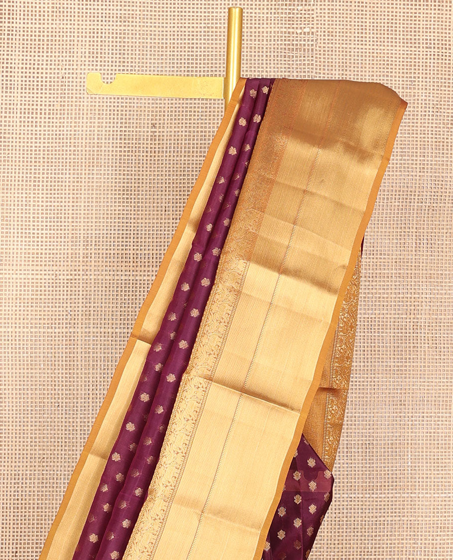 Purple zari buttas vasundhara silk mix saree, contrast border of thilakam mokku,muthu,mayil & yaanai design & intricate jaal pallu