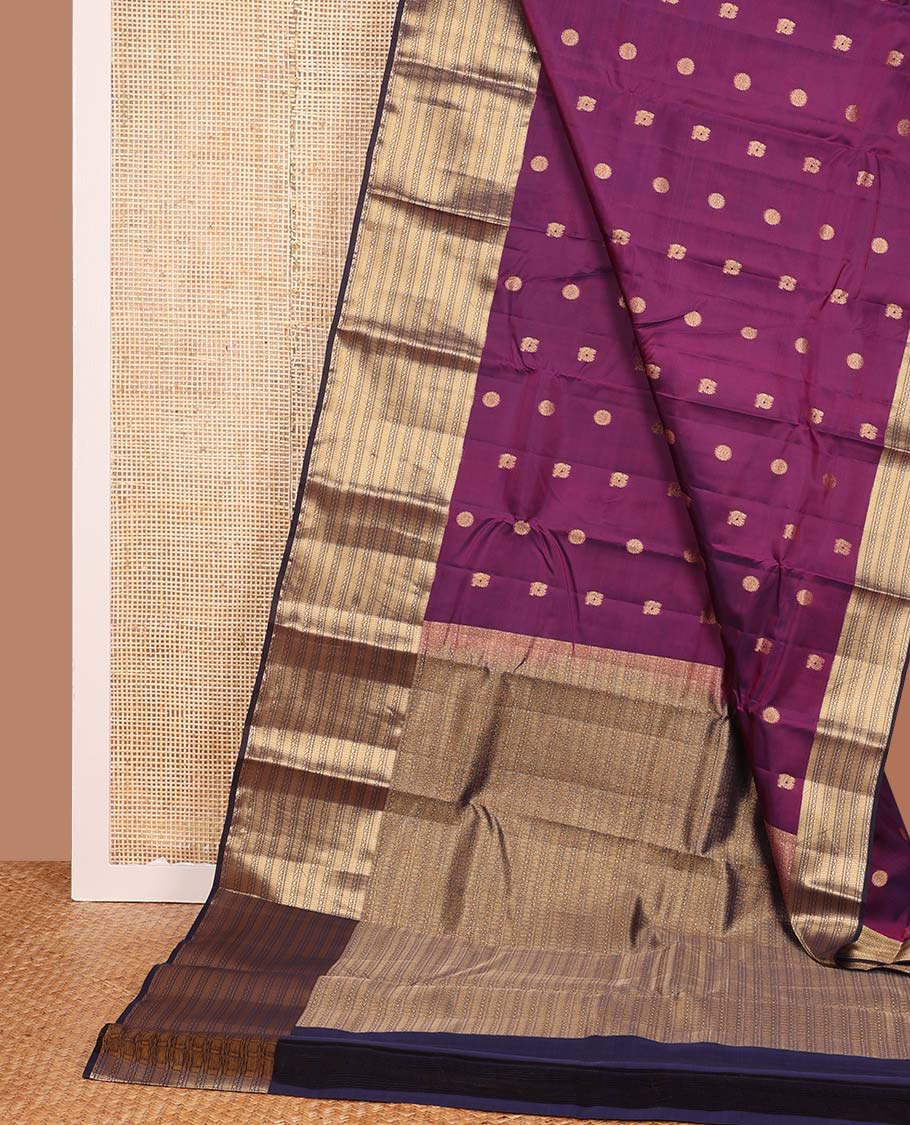 Purple mayil chakram zari motifs Vasundhara silk mix saree, contrast border, and pallu of traditional zari designs