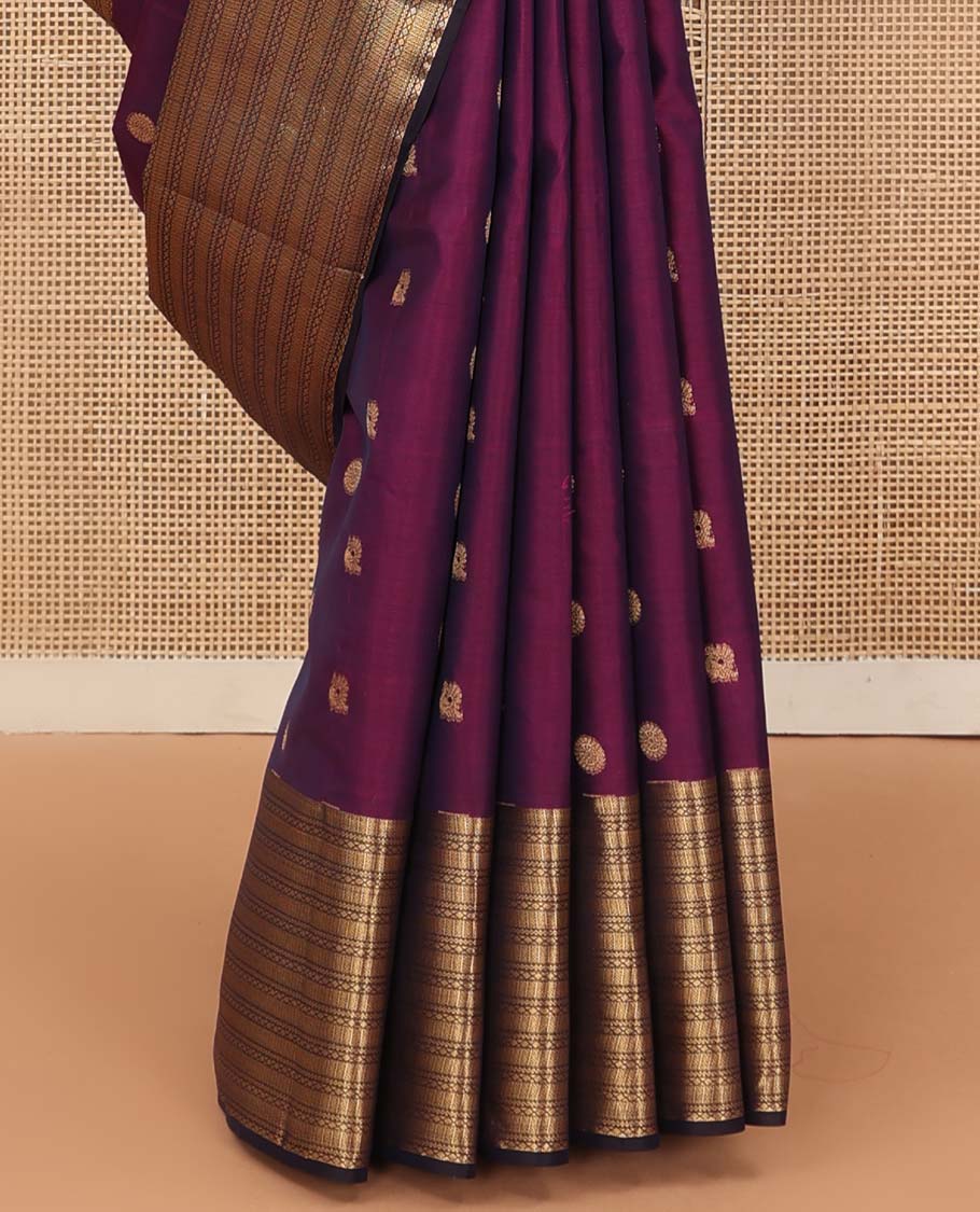 Purple mayil chakram zari motifs Vasundhara silk mix saree, contrast border, and pallu of traditional zari designs
